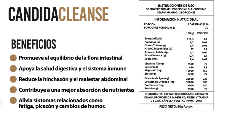 Frasco de Candida Cleanse con sus 5 beneficios principales y tabla de información nutricional